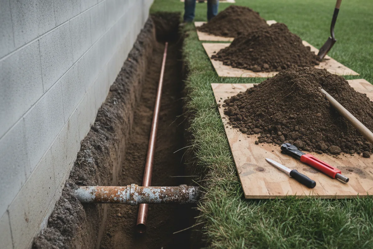 Excavated water line trench during Water Heater Repair in Sugarloaf